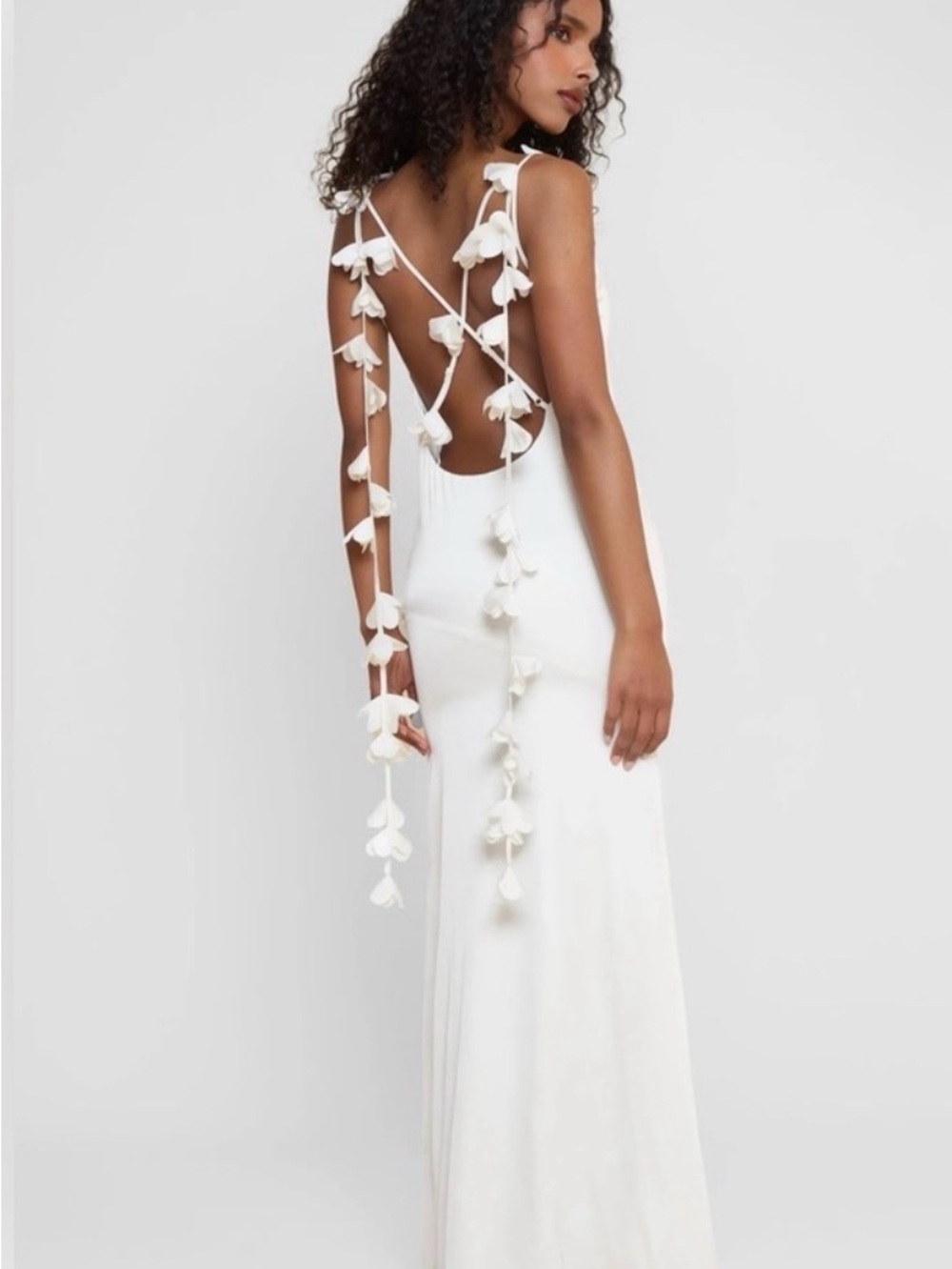 White Floral-Trim Backless Maxi Dress